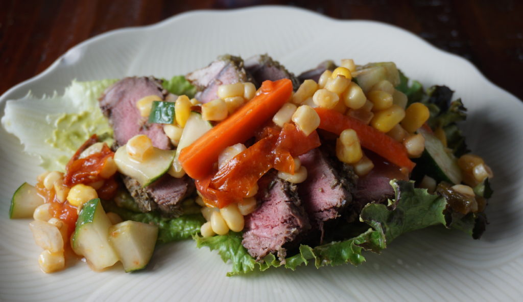 Beef Tenderloin Lettuce Wrap with Summer Vegetable Salsa and Avocado