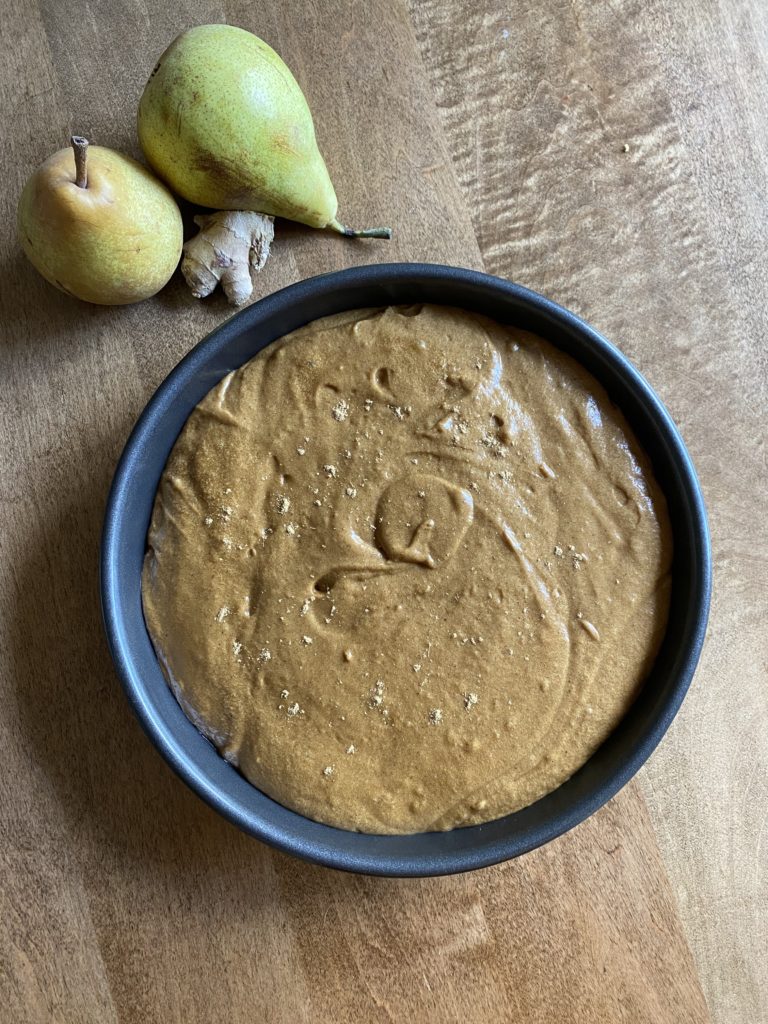 Pear gingerbread cake in progress