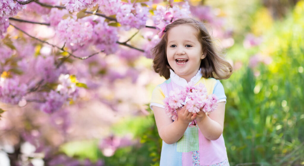 Little girl with cherry blossom