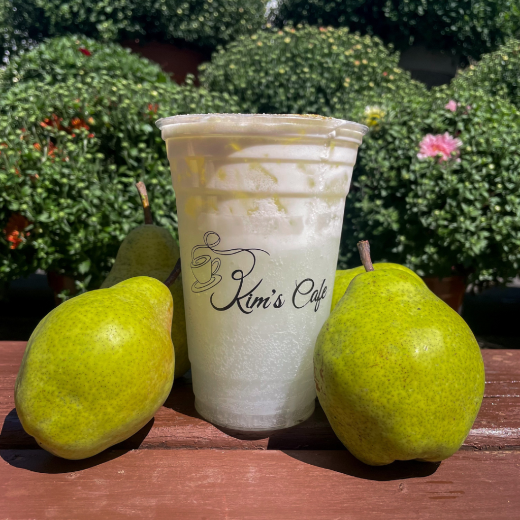 a drink made from pears in a kim's cafe cup